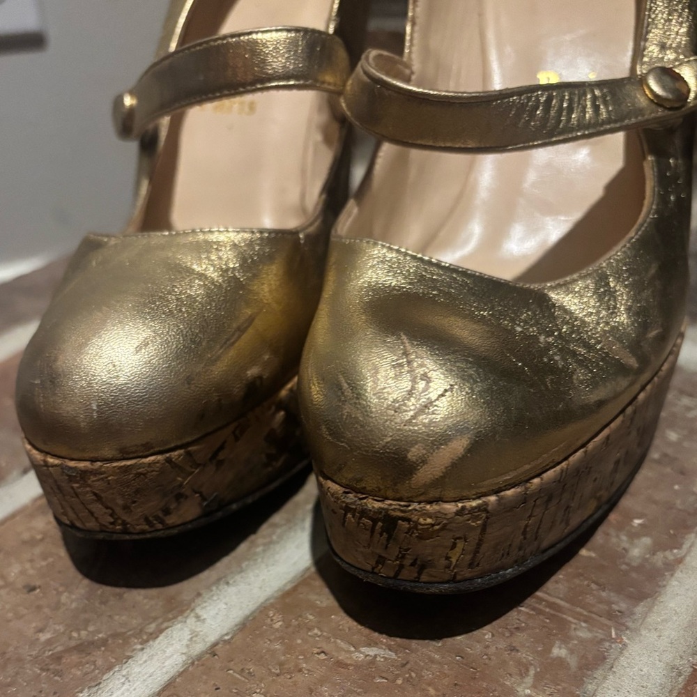 Christian Louboutin Metallic Gold Leather Cork Platform Wedge Mary Jane - Picture 5 of 16